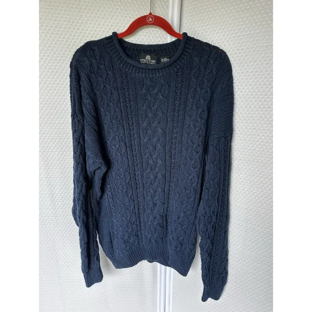 Roll Neck Unisex Ramie Cotton Navy Blue Long Sweater Large